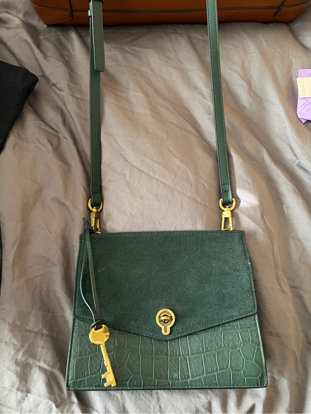 Fossil Forest Green Mixed-Material Crossbody with Key Charm